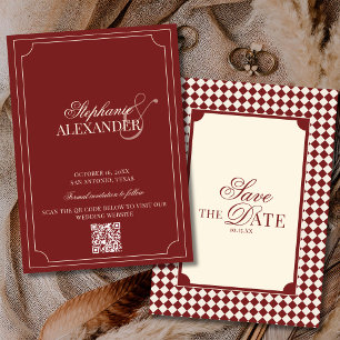 Deep Red Checkered Old Money QR Code Wedding Save The Date