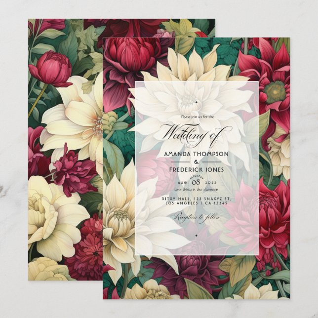 Deep Red, Cream, and Forest Green Floral Wedding Invitation (Front/Back)