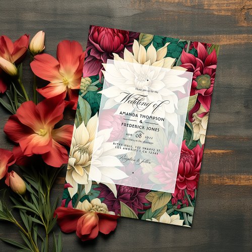Deep Red Cream and Forest Green Floral Wedding Invitation