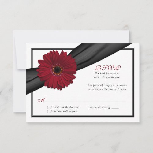 Deep Red Daisy Black Ribbon Wedding Reply Card Personalized Invite