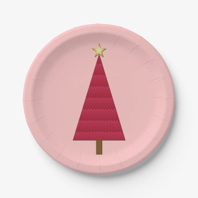 Deep red damask modern Christmas tree Paper Plates (Front)