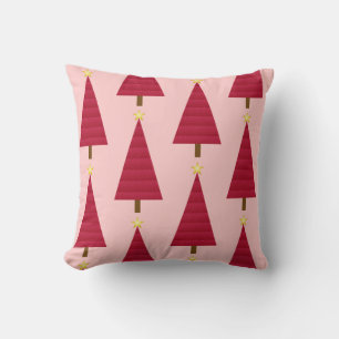 Deep red damask modern Christmas tree Throw Pillow