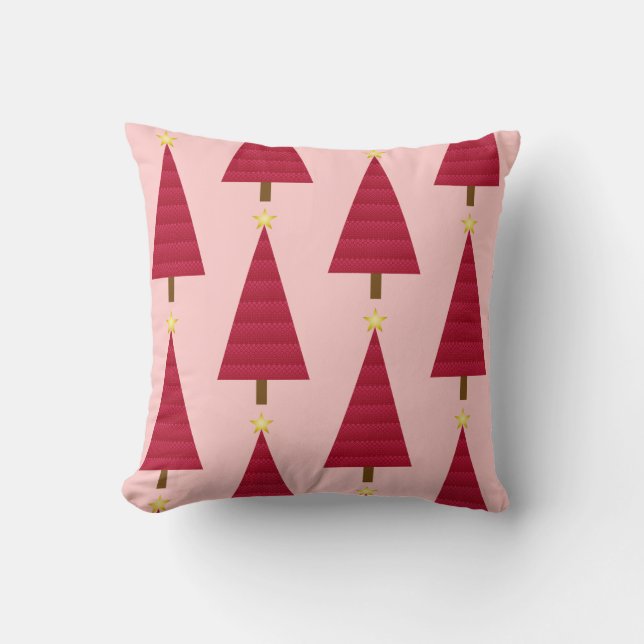 Deep red damask modern Christmas tree Throw Pillow (Front)