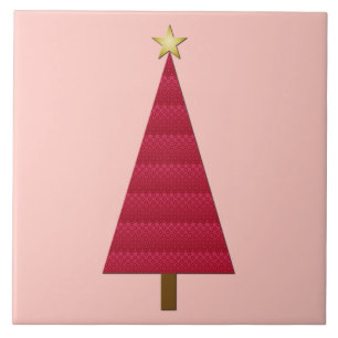 Deep red damask modern Christmas tree Tile