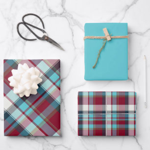 Deep Red, Dark Eclipse, Turquoise, Teal... Plaid Wrapping Paper Sheets