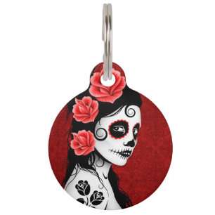 Deep Red Day of the Dead Sugar Skull Girl Pet Tag