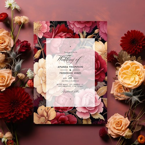 Deep Red Dusty Pink and Antique Gold Wedding Invitation