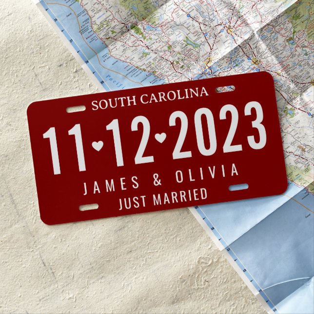 Deep Red Elegant Custom Just Married Wedding Date License Plate (In Situ)