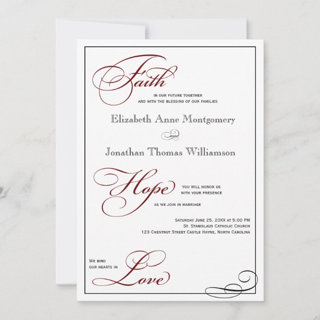 Deep Red Faith Hope Love Script Wedding Invitation (Front)