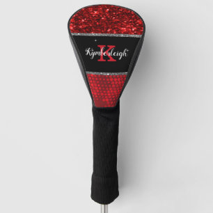 Deep Red Faux Glitter Lights Monogram Name Golf Head Cover