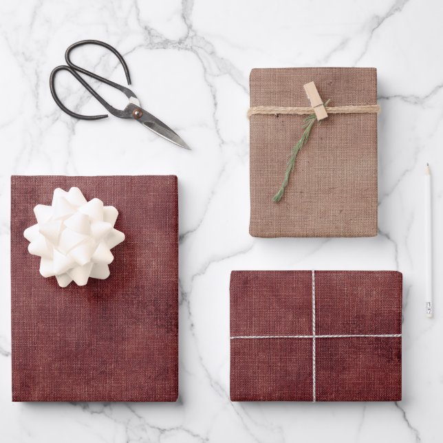 Deep Red Faux Linen Wrapping Paper Sheets (Front)
