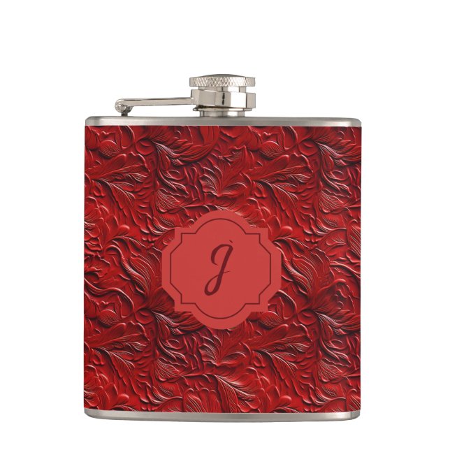 Deep Red Faux Tooled Leather Vinyl  Flask (Front)