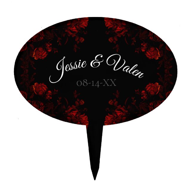 Deep Red Floral Elegant Gothic Wedding Cake Topper (Front)
