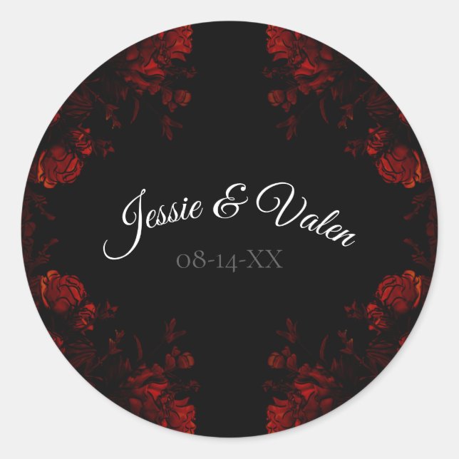 Deep Red Floral Elegant Gothic Wedding Classic Round Sticker (Front)