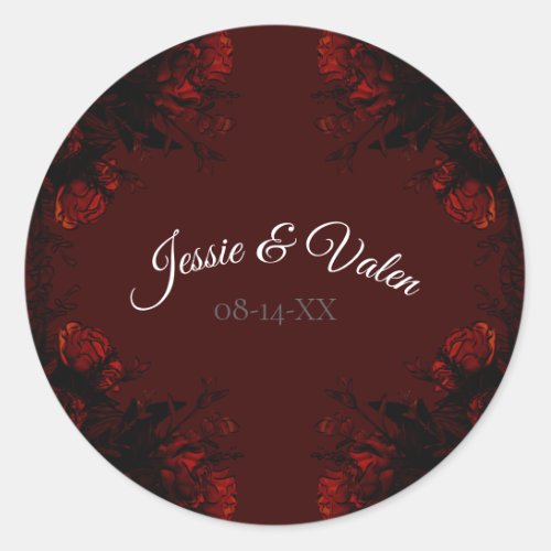 Deep Red Floral Elegant Gothic Wedding Classic Round Sticker