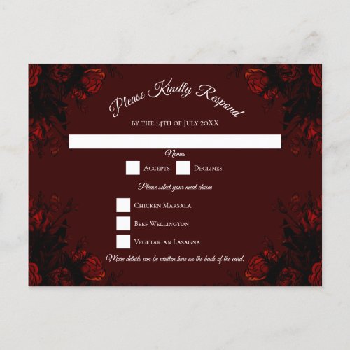 Deep Red Floral Elegant Gothic Wedding Holiday Postcard