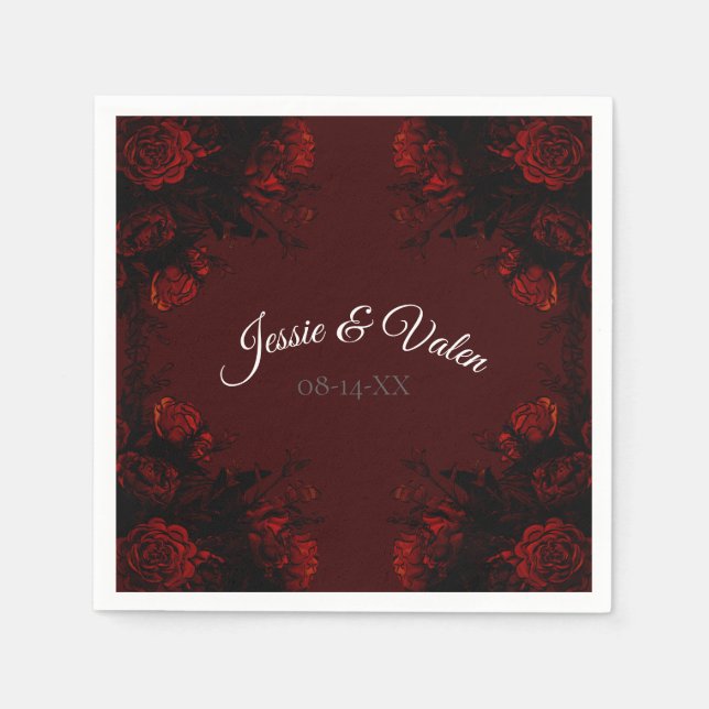 Deep Red Floral Elegant Gothic Wedding Napkins (Front)