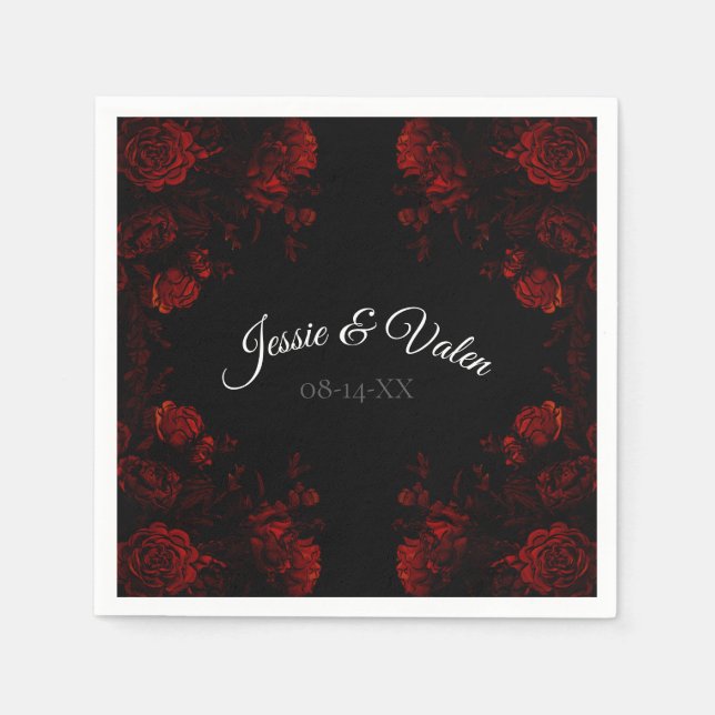 Deep Red Floral Elegant Gothic Wedding Napkins (Front)