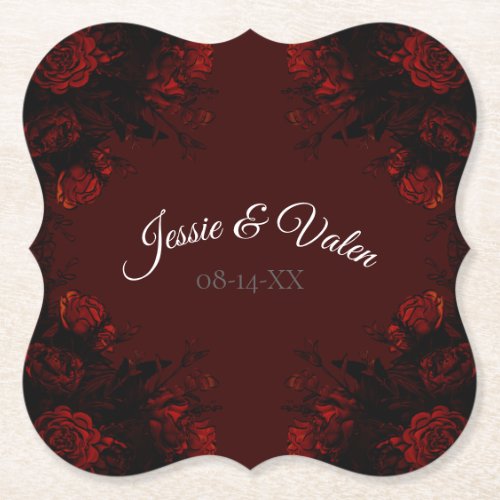 Deep Red Floral Elegant Gothic Wedding Paper Coaster