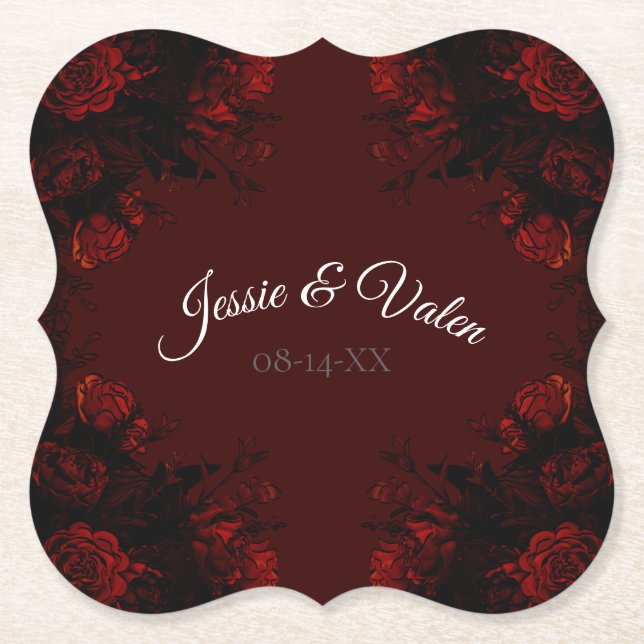 Deep Red Floral Elegant Gothic Wedding Paper Coaster (Front)
