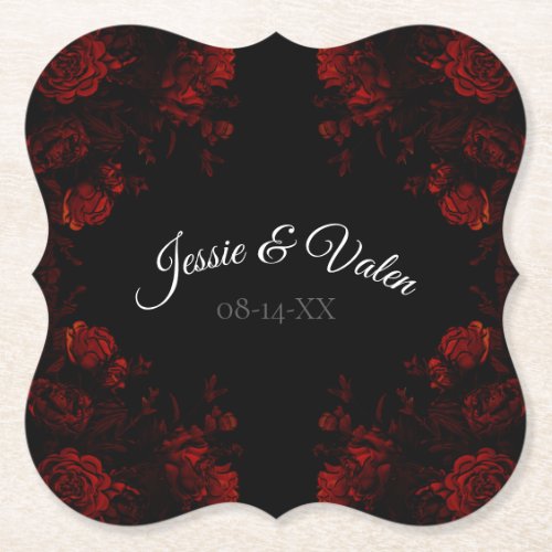 Deep Red Floral Elegant Gothic Wedding Paper Coaster