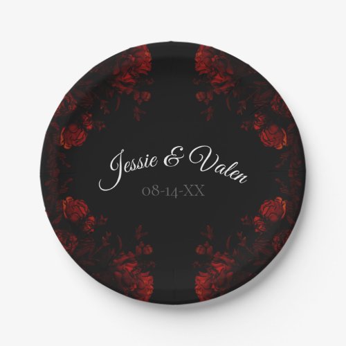 Deep Red Floral Elegant Gothic Wedding Paper Plates