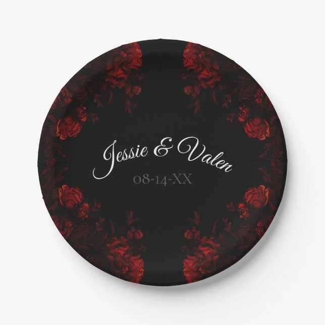 Deep Red Floral Elegant Gothic Wedding Paper Plates (Front)