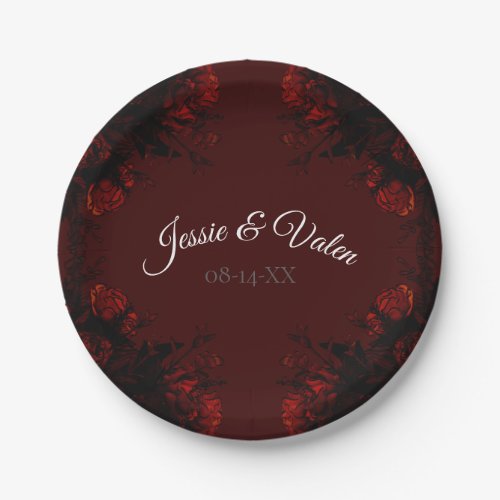Deep Red Floral Elegant Gothic Wedding Paper Plates