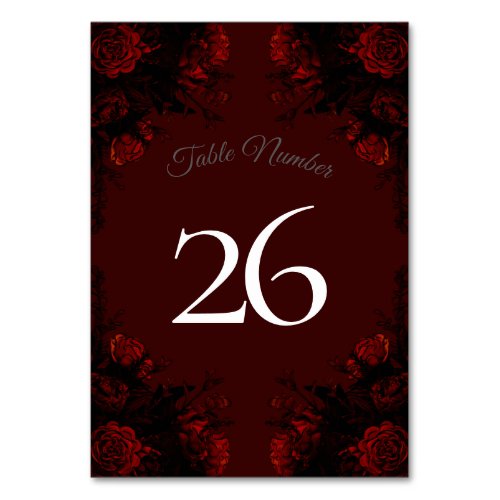 Deep Red Floral Elegant Gothic Wedding Table Number