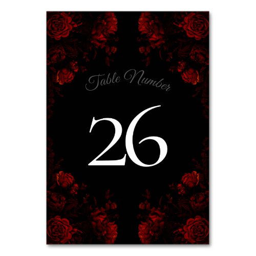 Deep Red Floral Elegant Gothic Wedding Table Number