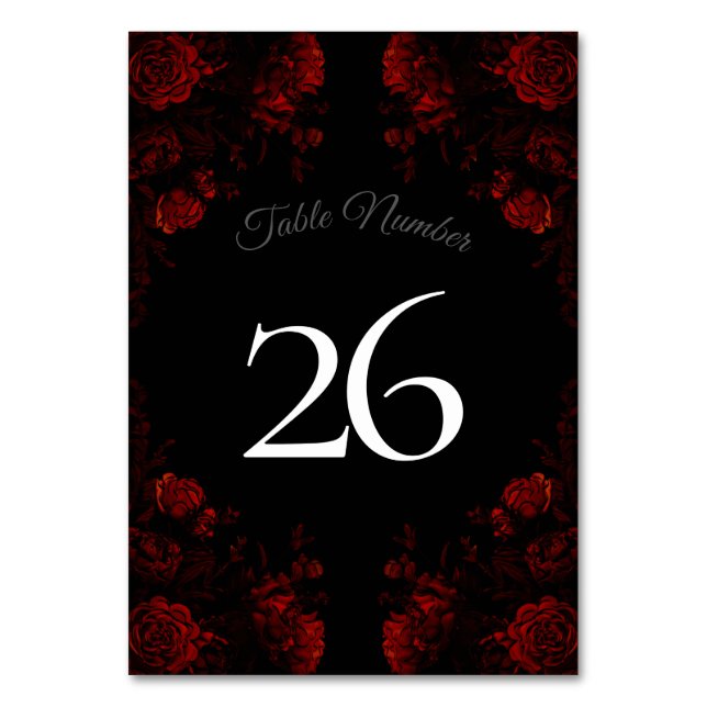 Deep Red Floral Elegant Gothic Wedding Table Number (Back)
