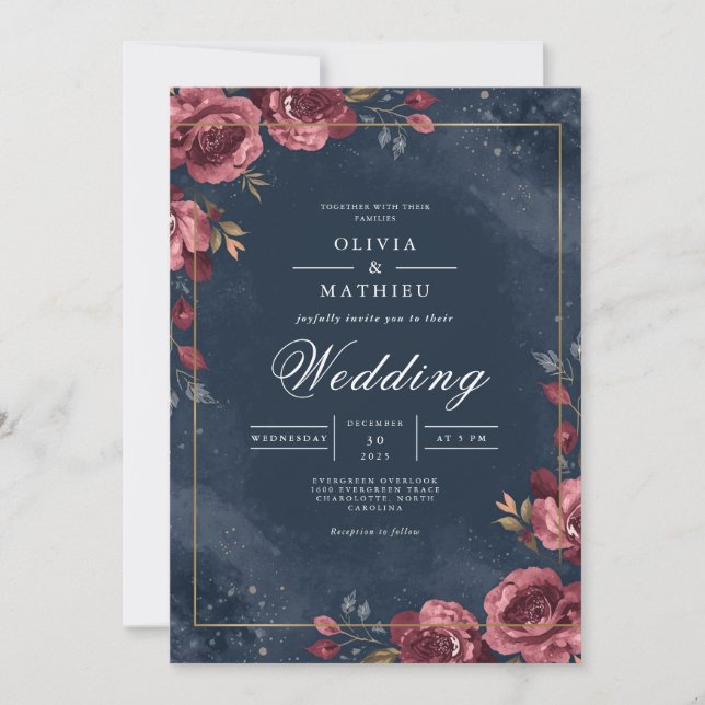 Deep Red Floral Navy Arch Wedding Invitation (Front)