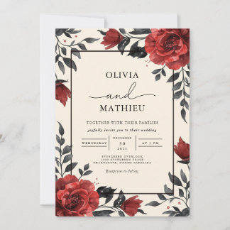Deep Red Floral Romantic Wedding Invitation