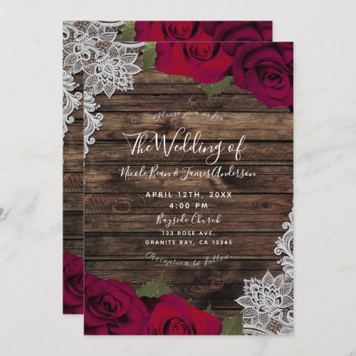 Deep Red Floral Roses Rustic Wood Lace Wedding Invitation