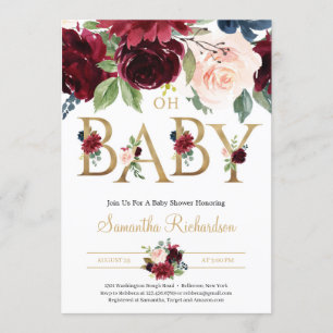 Deep Red Florals and Gold Foil Lettering Oh Baby Invitation
