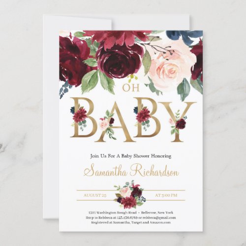 Deep Red Florals and Gold Foil Lettering Oh Baby Invitation