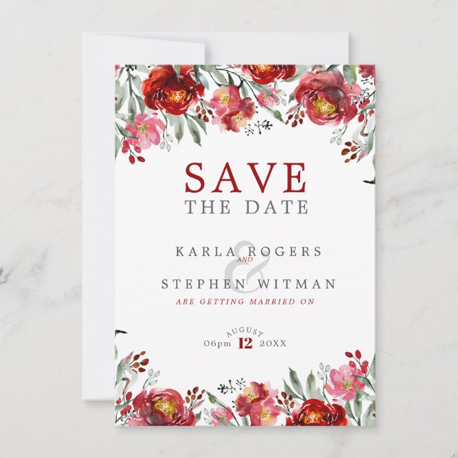 Deep-red Flowers Border Save The Date (Front)