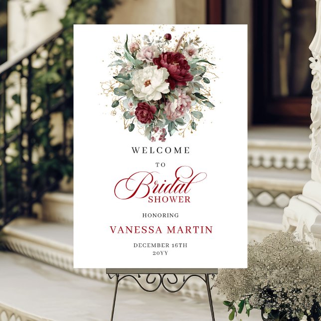 Deep Red Flowers Eucalyptus Gold Bridal Welcome   Poster (Deep Red Flowers Eucalyptus Gold Bridal Welcome Sign

)