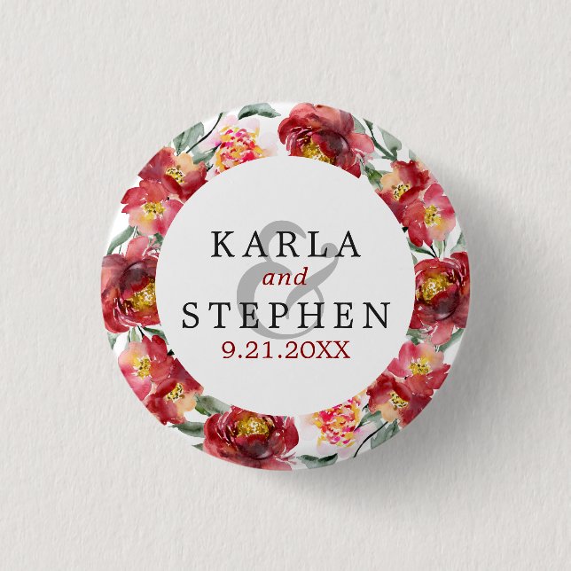 Deep-red Garden Flowers Wreath Frame Button (Front)