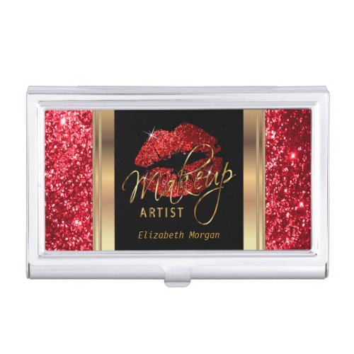 Deep Red Glitter Lips on Gold  Black Business Card Case