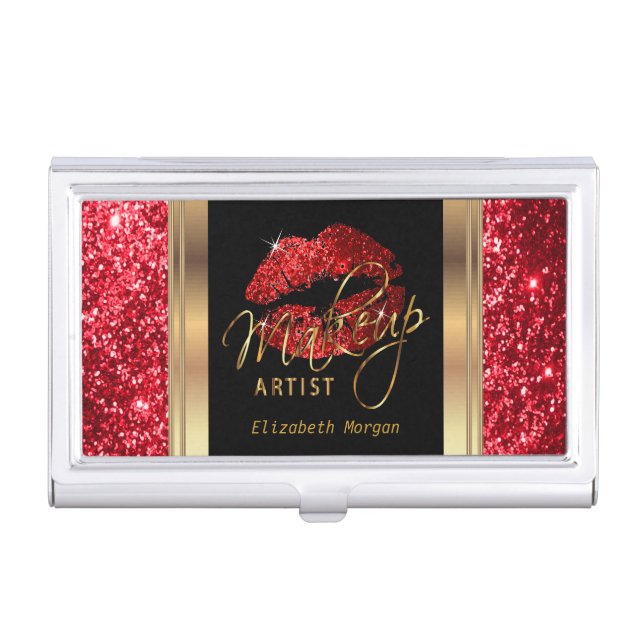Deep Red Glitter Lips on Gold & Black Business Card Case (Front)