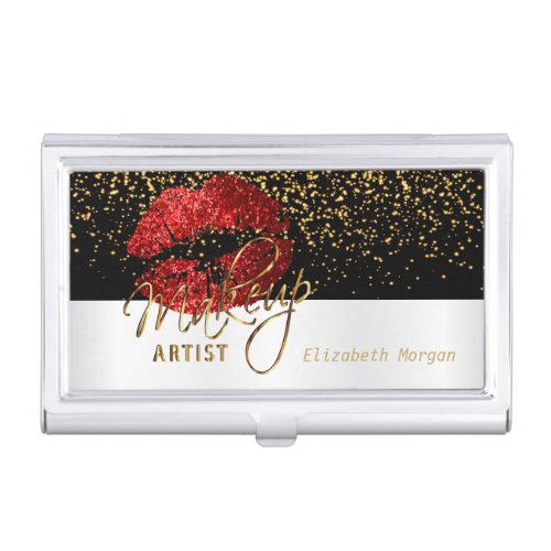 Deep Red Glitter Lips on White  Black Business Card Holder