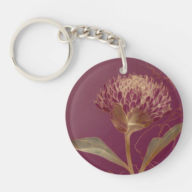 Deep Red Gold Botanical Flower Linework Keychain (Front)
