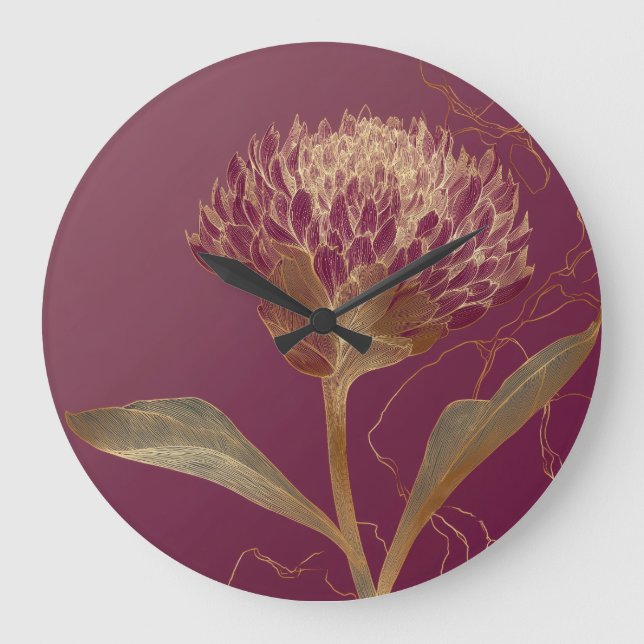 Deep Red Gold Botanical Flower Linework Large Clock (Front)