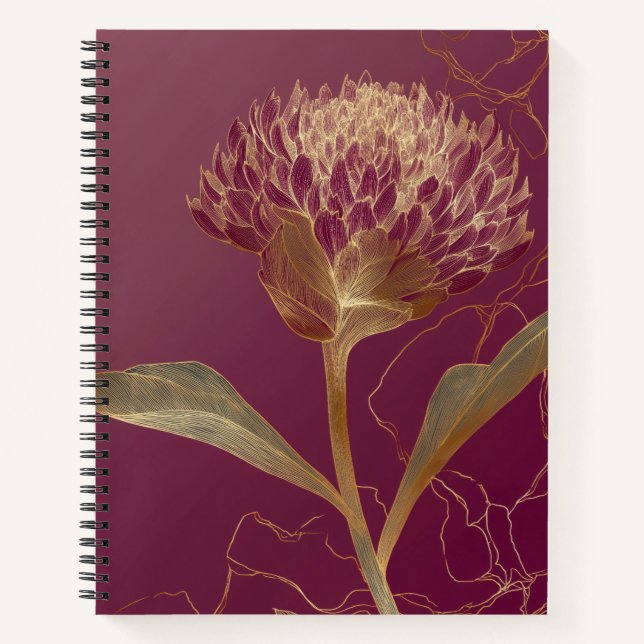 Deep Red Gold Botanical Flower Linework Notebook (Front)