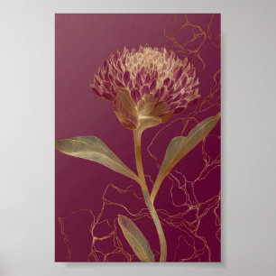 Deep Red Gold Botanical Flower Linework Poster