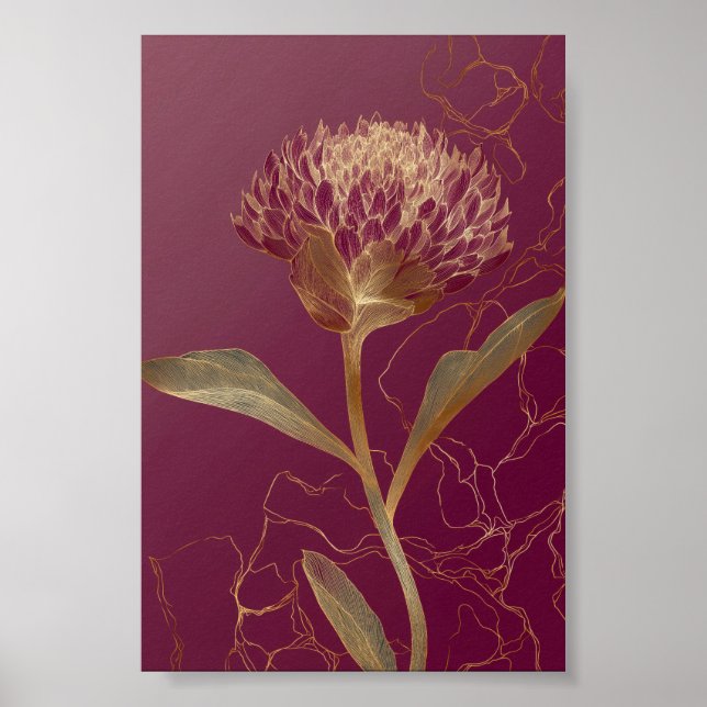 Deep Red Gold Botanical Flower Linework Poster (Front)
