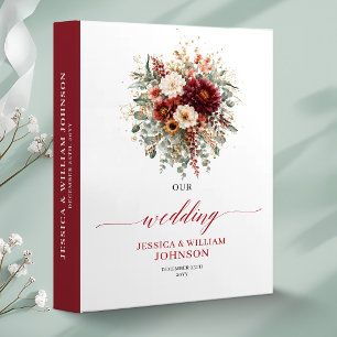 Deep Red Gold Burgundy Floral Autumn wedding memor 3 Ring Binder