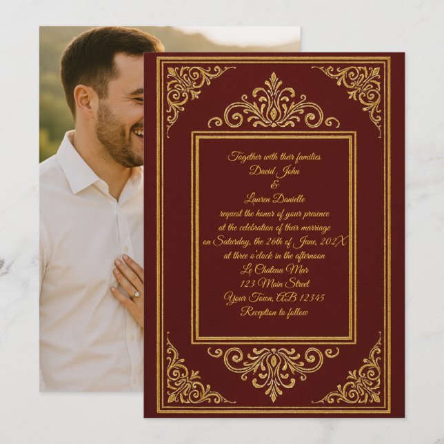 Deep Red & Gold Embossed Filigree Photo Invitation (Front/Back)