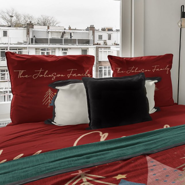 Deep Red & Gold Family Name Merry Christmas  Accent Pillow (Creator Uploaded)